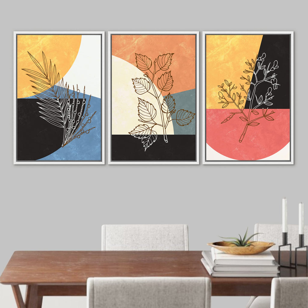Framed Wall Art Print Set Geometric Mid-Century Color Block Plant Silhouettes Abstract Nature Illustrations Modern
