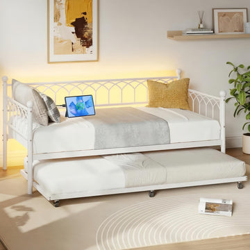 Twin White Daybed with Trundle with Charging Station, Led Light