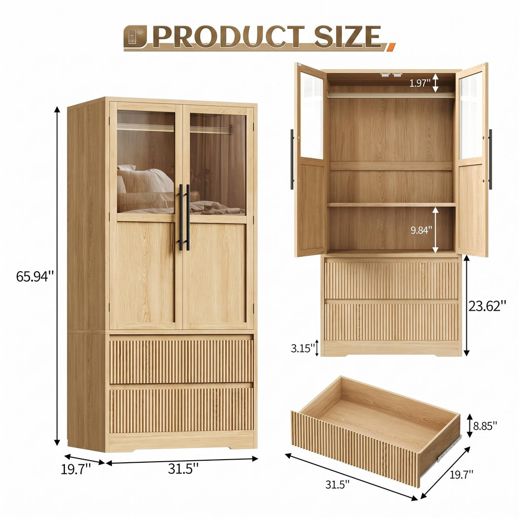 2 Fluted Drawer Armoire Wardrobe Closet with Glass Door, Farmhouse Freestanding Wooden Armoire Closet w/Hanging Rod