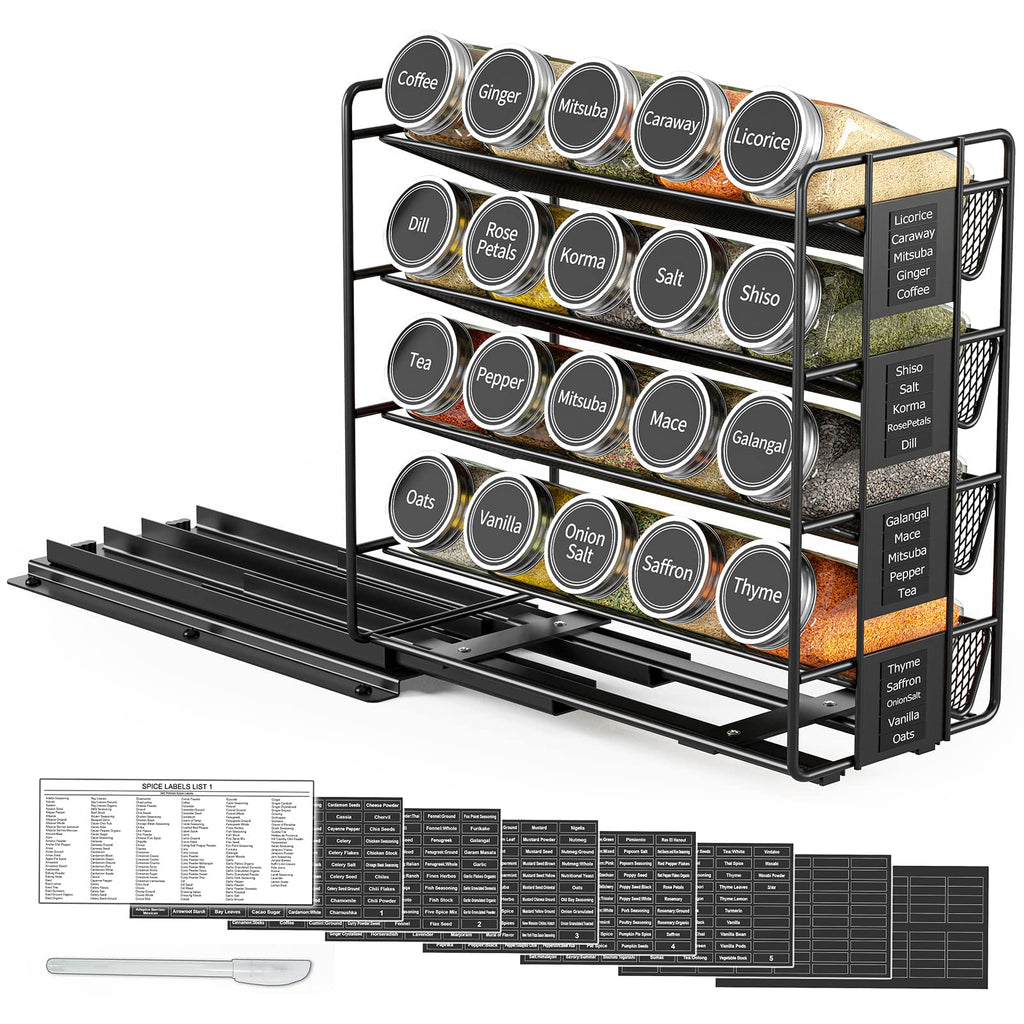 Pull Out Spice Rack Organizer with 20 Jars, Heavy Duty Slide Out Seasoning Organizer Cabinets, with 801 Labels