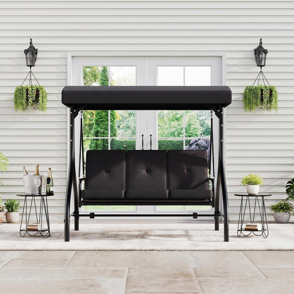 Porch Swing with Stand, 3 Seat Outdoor Patio Swing, 2-in-1 Convertible Swing Bed, Stepless Adjustable UV Resistant