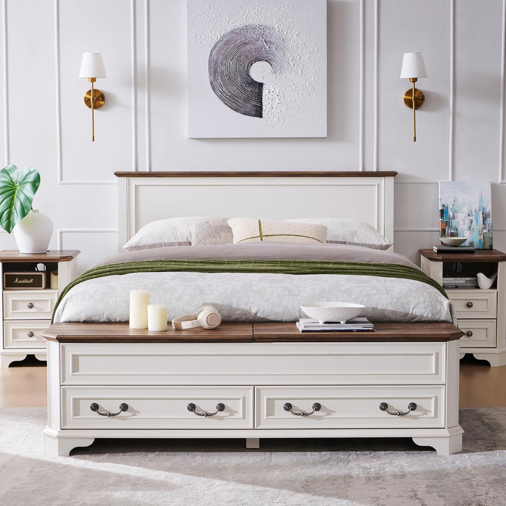 Farmhouse Queen Bed with Headboard and Storage Bench, Rustic Wood Platform Bed with 64" Storage Chest w/ 4 Large