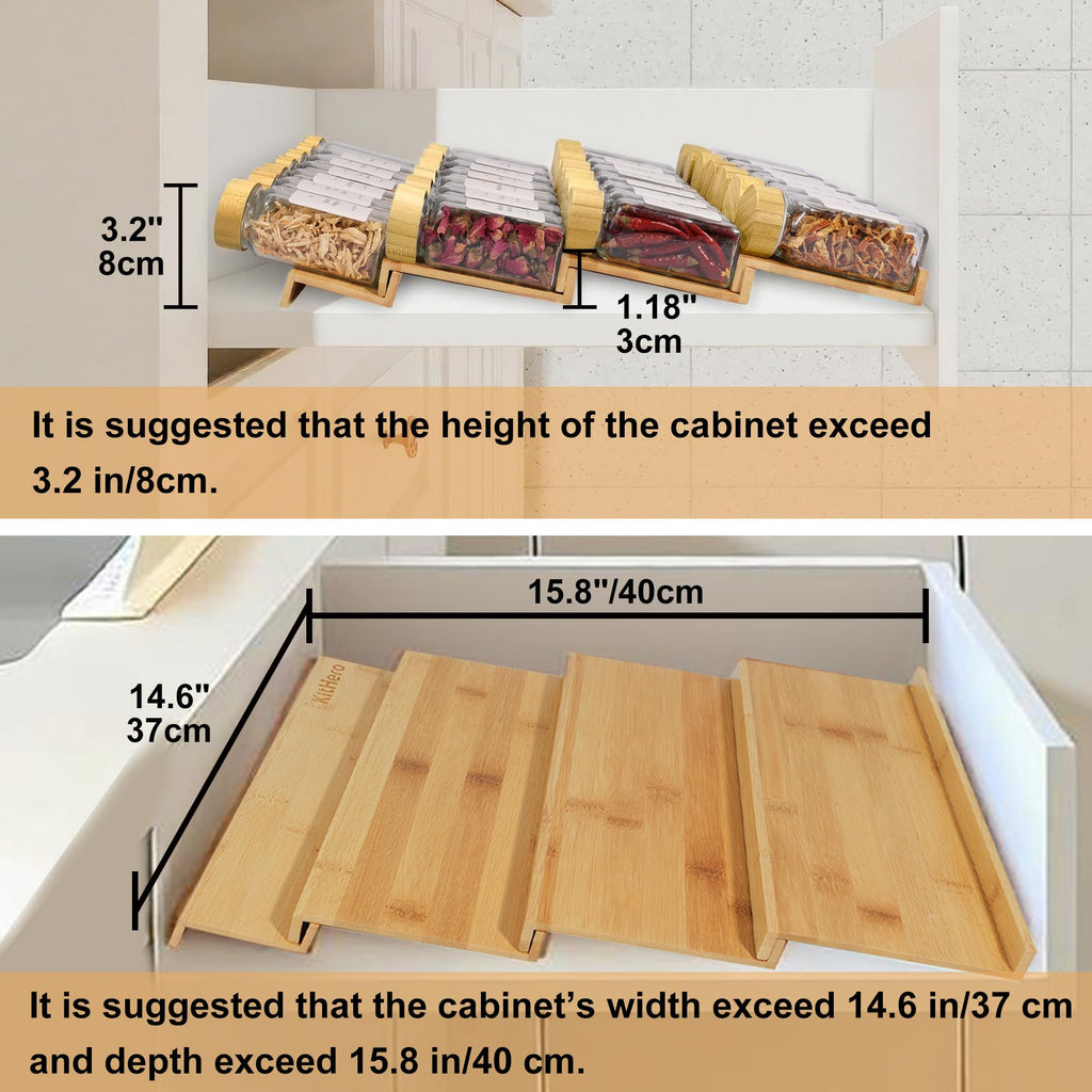 Spice Drawer Organizer with 28 Bamboo-lidded Spice Jars and 216 Labels,Non-slip Rubber, Bamboo 4 Tier Spice Racks