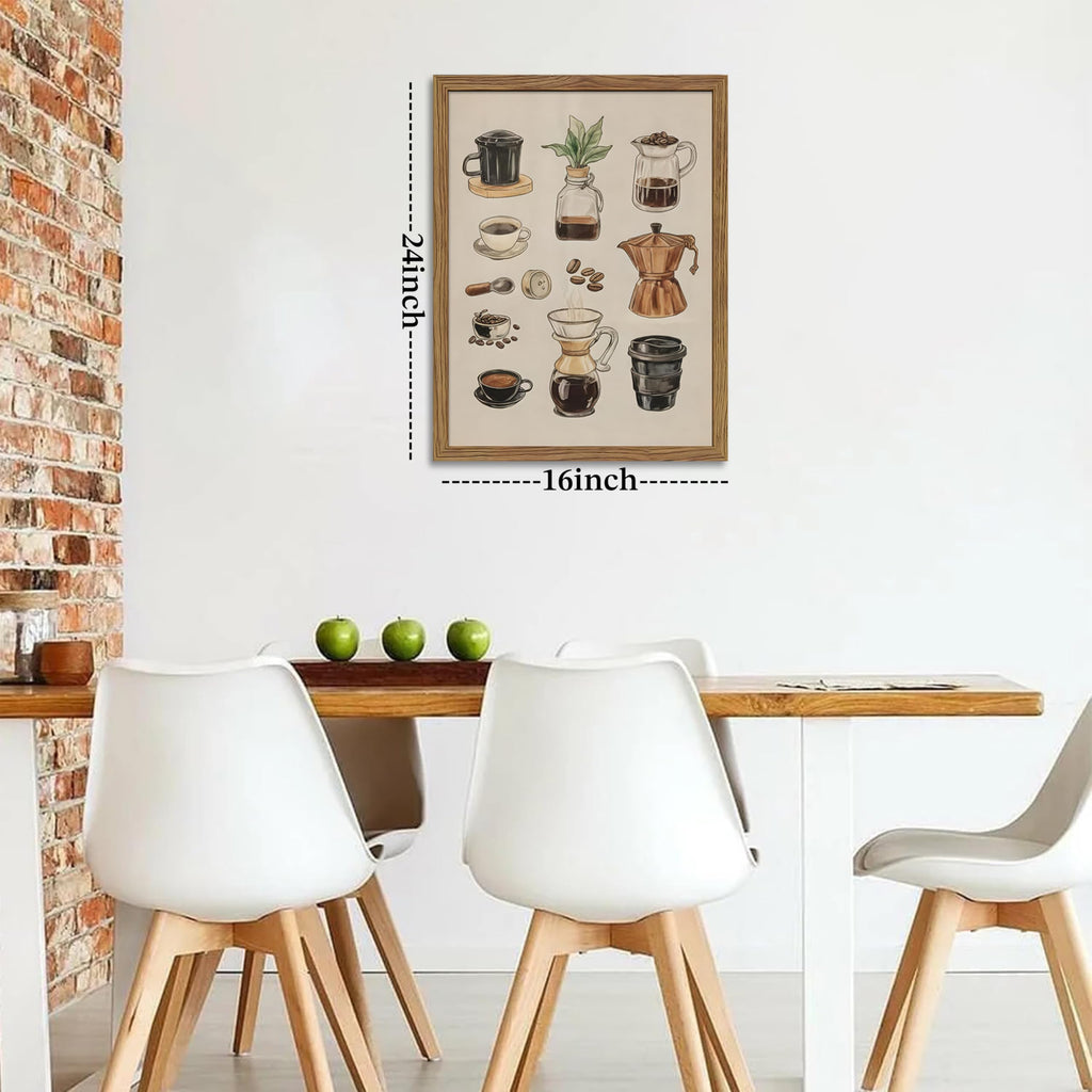 Framed Vintage Coffee Canvas Wall Art, Funky Espresso Coffee Tools Poster Prints, Modern Farmhouse Aesthetic