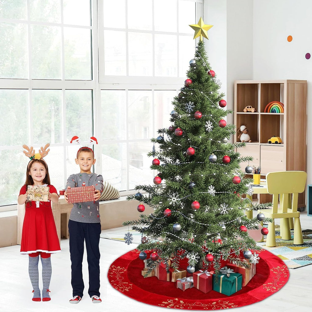 48inch Christmas Tree Skirt Red Luxury Velvet Plush Fur Tree Skirts Xmas Velvet Tree Skirt with Embroidered Holly