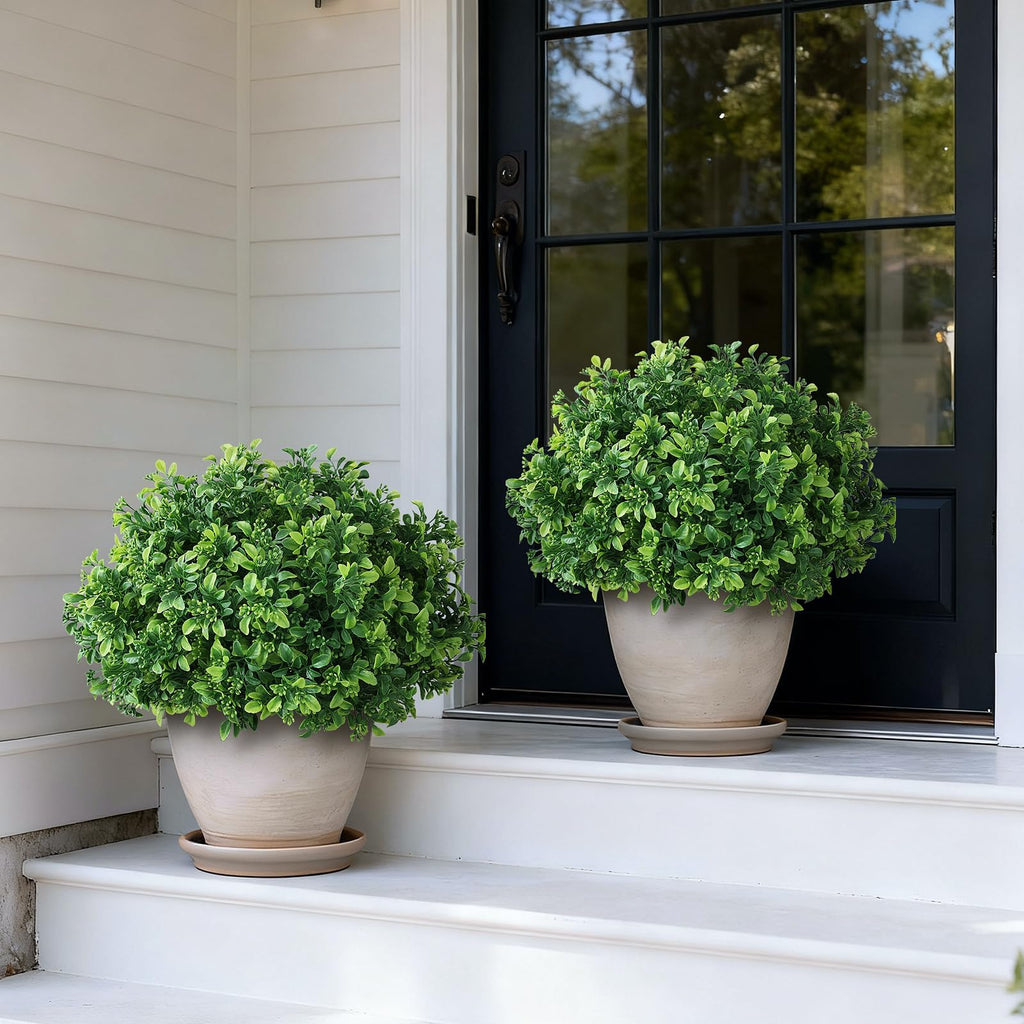 2 Sets Artificial Boxwood Topiary Ball Trees for Front Door Decor (Green)