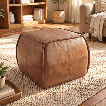 Genuine Leather Square Ottoman, Pouf (Brown, Square)