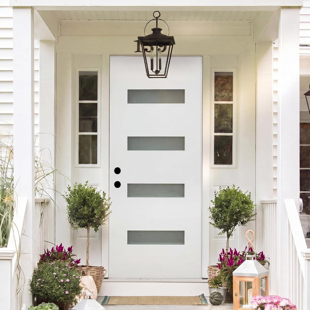 36" x 80" Fiberglass Entry Door with 4-Lite Frosted Glass - White, Right Hand Inswing, 4-9/16" Vinyl Frame