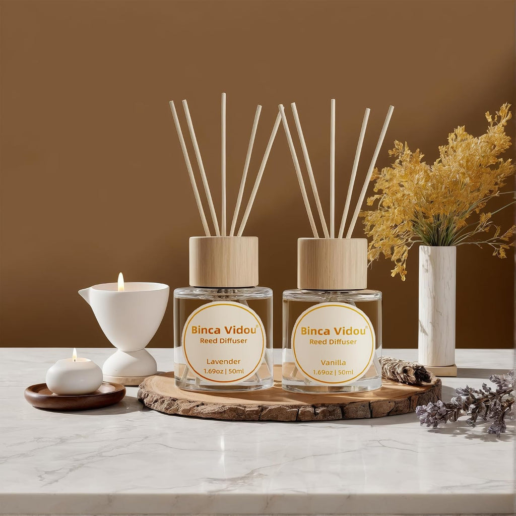Reed Diffuser Set, Lavender & Vanilla Natural Scent Oil Diffusers with Sticks Bathroom Aromatherapy Decor 1.69oz x 2 - Set of 2