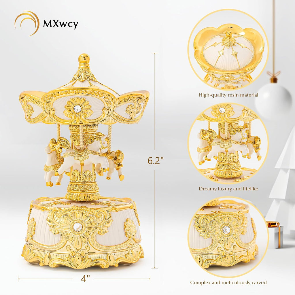 6.2" Horse Carousel Music Box, Vintage Rotating Merry Go Round with Wind Up Melody, Gold & Ivory Musical Carousel