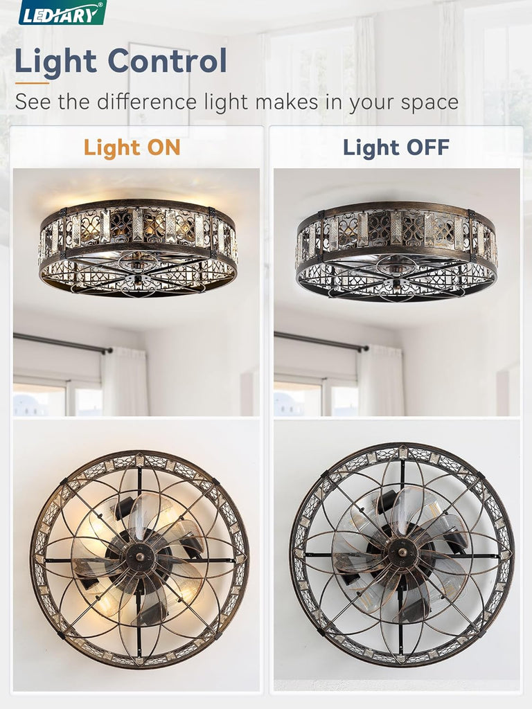 20" Caged Ceiling Fans with Lights,Flush Mount Vintage Victorian Rustic Crystal Fandelier