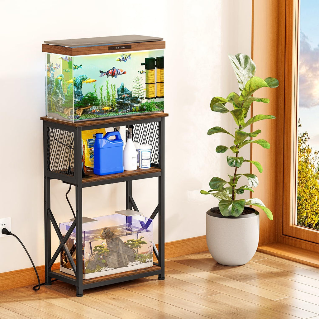 10 Gallon Fish Tank Stand with Power Outlets, Aquarium Stand with Storage, 3 Tier Heavy Metal Reptile Tank Stand Fish