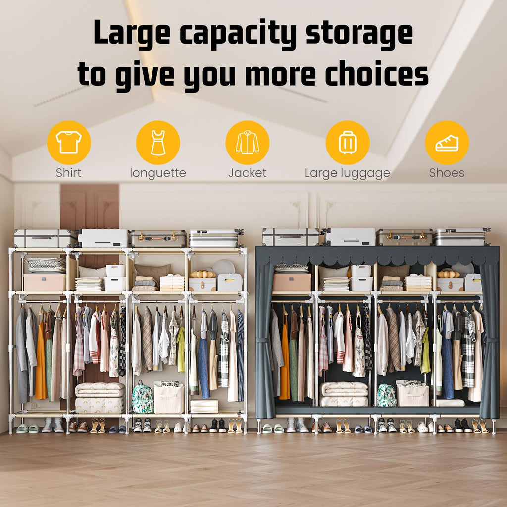 Large Portable Armoire Wardrobe Closet with 4 Hanging Rods and Lockers, Metal Storage Wardrobe Clothes Rack with Dust