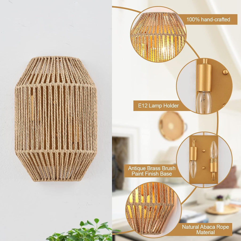 Natural Rattan Wall Sconce Set of 2, with Boho Woven Wicker Shade Antique Brass Brush Paint Finish for Vanity
