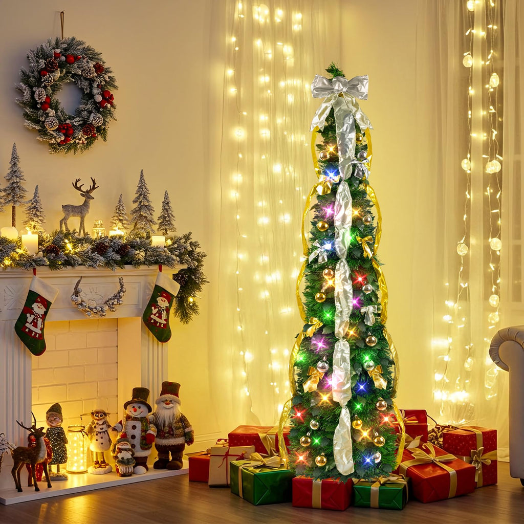 Pop Up Decorations Artificial Collapsible Tree with Lights 8Modes&Timer Predecorated Pencil Tinsel Tree Apartment