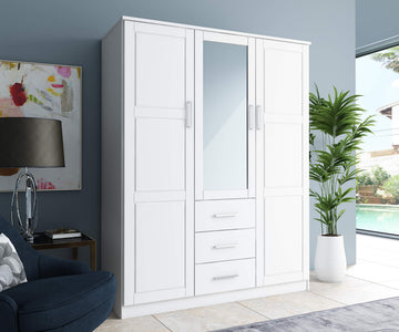 Cosmo Solid Wood 3-Door Wardrobe with Mirror and 3 Drawers, White, 56.25" W x 72" H x 20.75" D, Renewable