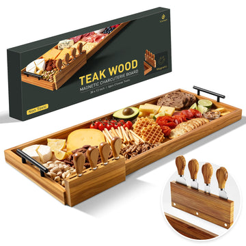 30 in Teak Big Charcuterie Board with 4-Piece Cheese Knife Set