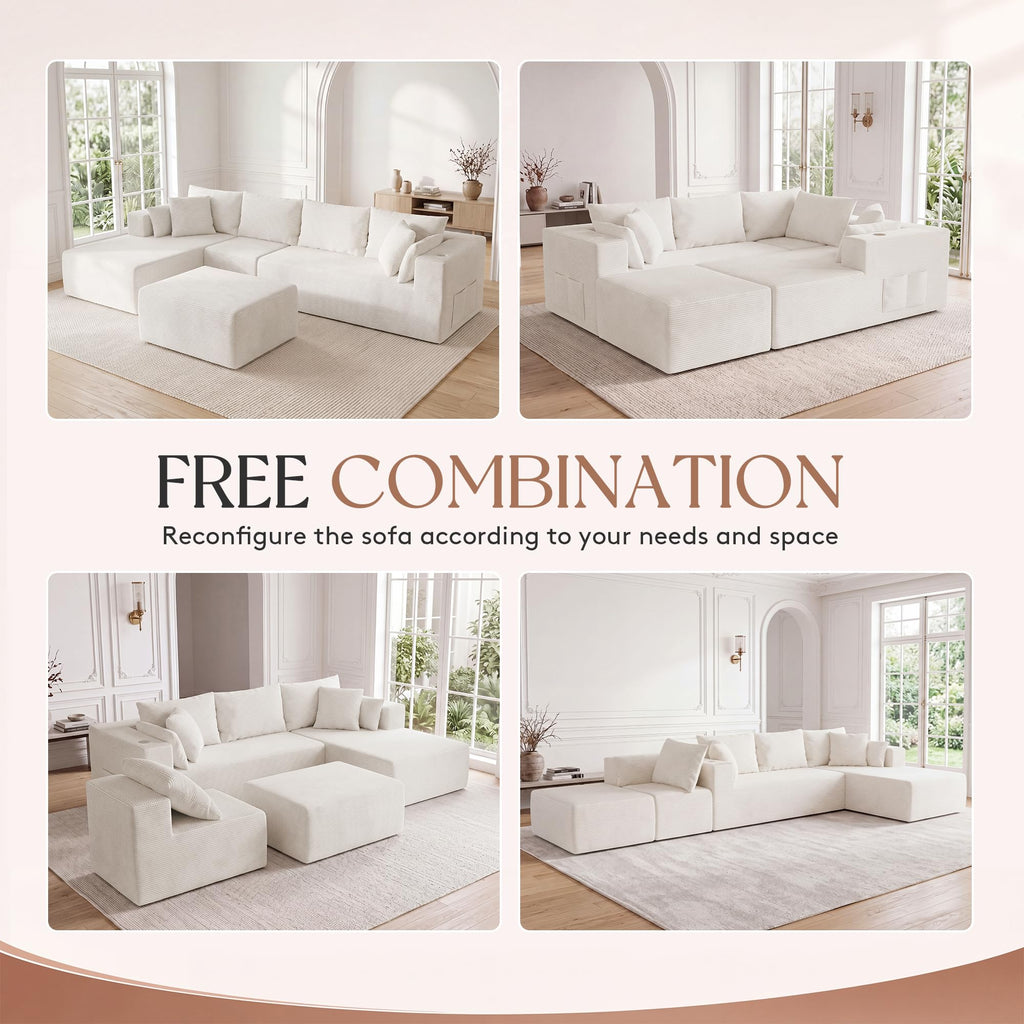 130" Cloud Sectional Boneless Couches, Modular U Shaped Couch with Deep Seat, Removable Ottoman, Memory Foam