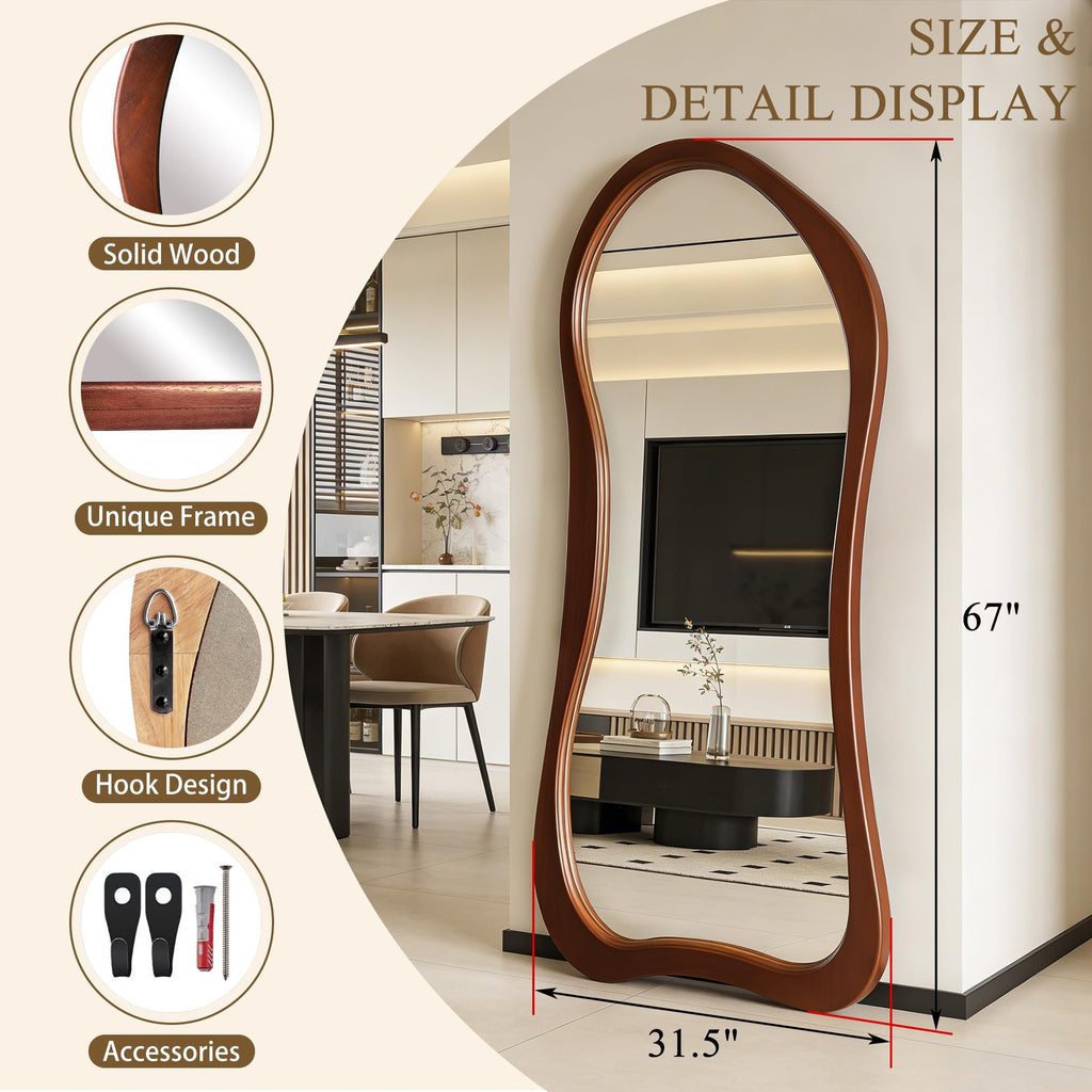 Irregular Full Length Mirror, 67"x31.5" Solid Wood Floor Mirror