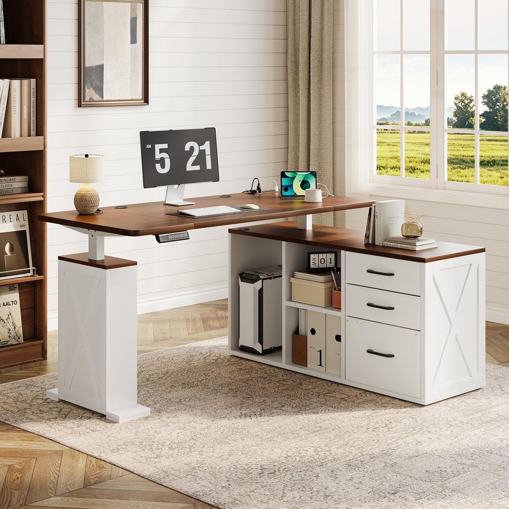 L Shaped Standing Desk - 55'' Farmhouse Computer Desk with Storage