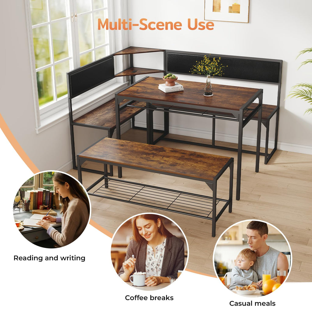Kitchen Breakfast Nook Table Set for 4-6, with Charging Port, Brown