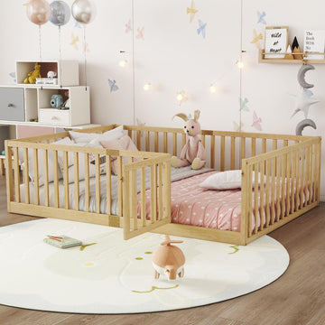 Kids Montessori Floor Bed Frame with Door and Slats, Solid Wood Floor Bed Frame with Slats and High Fence