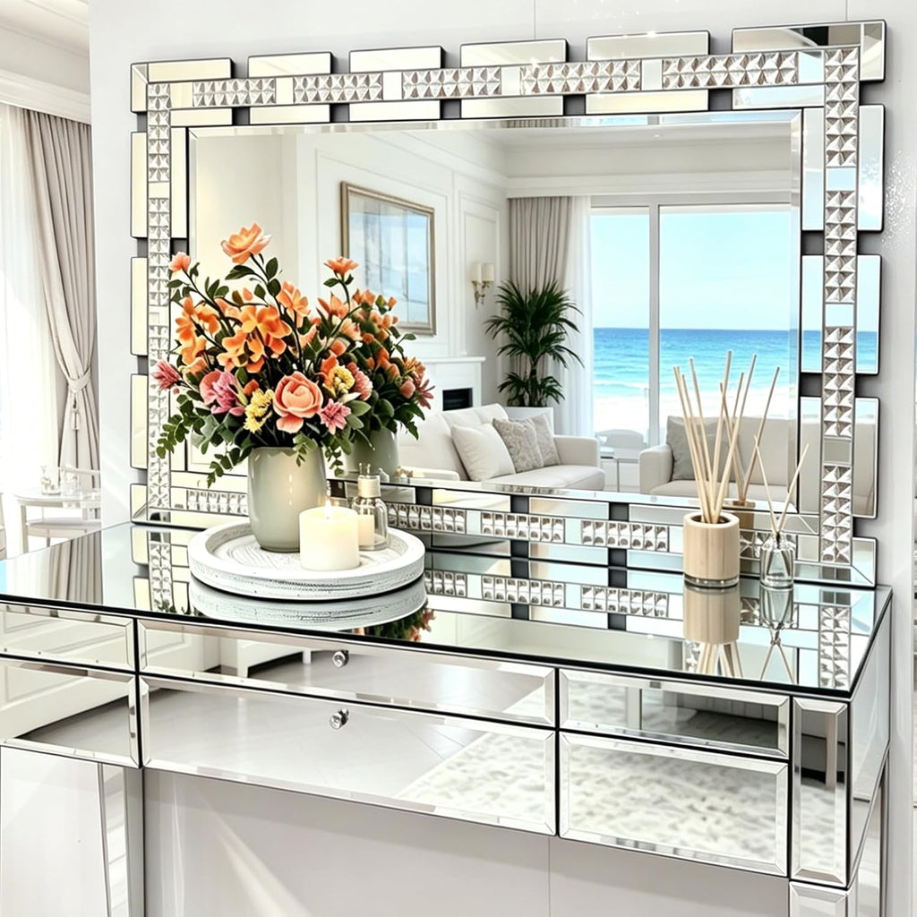 Crystal Decorative Wall Mirror , 36 X 24 Inches Large Mirror for Wall Decor with Beveled Edge, Rectangle Elegant Wall