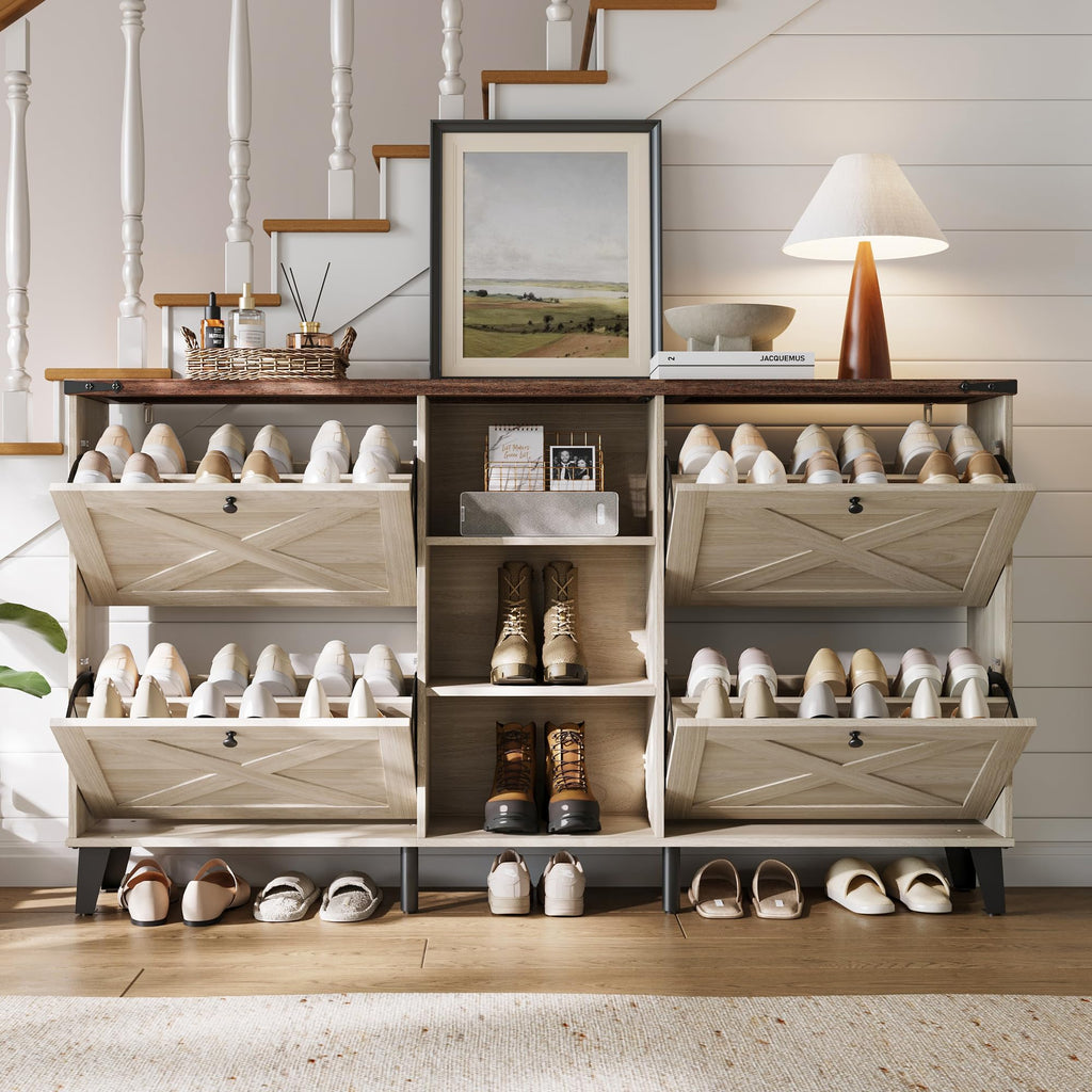 63" Farmhouse Shoe Storage Cabinet Washed White