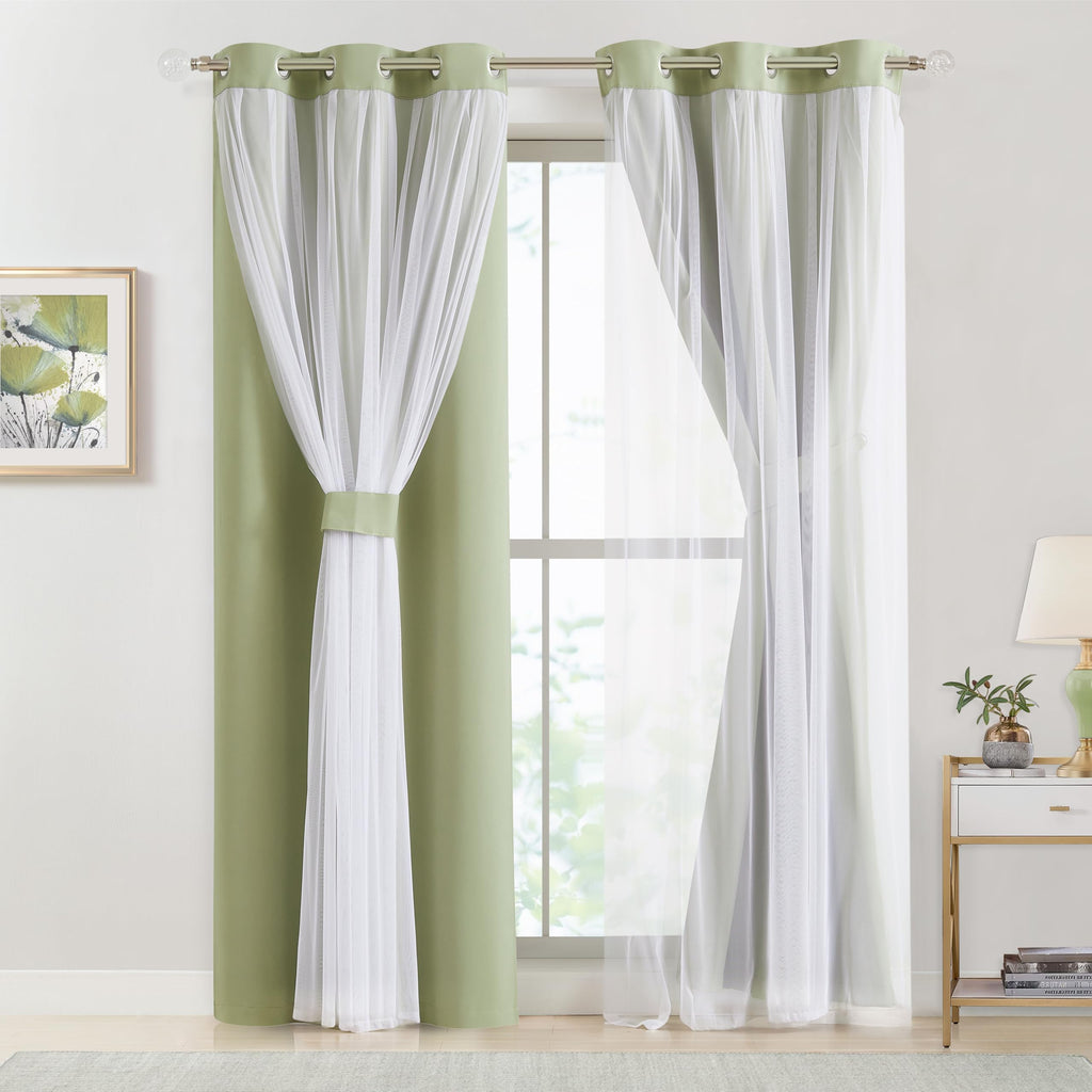 Sage Green Blackout Curtains with Sheer Overlay Mix and Match Double Layer Thermal Insulated Window Panels 84 inch