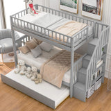 Stairway Bunk Bed Twin Over Twin with Trundle and Shelves,Can be Split into 3 Separate Beds,Wooden Triple Bunk Bed