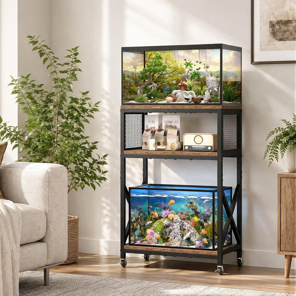 10 Gallon Aquarium Stand, 3-Tier Fish Tank Stand with Wheels, Heavy Duty Metal Frame with Mesh Side Panels
