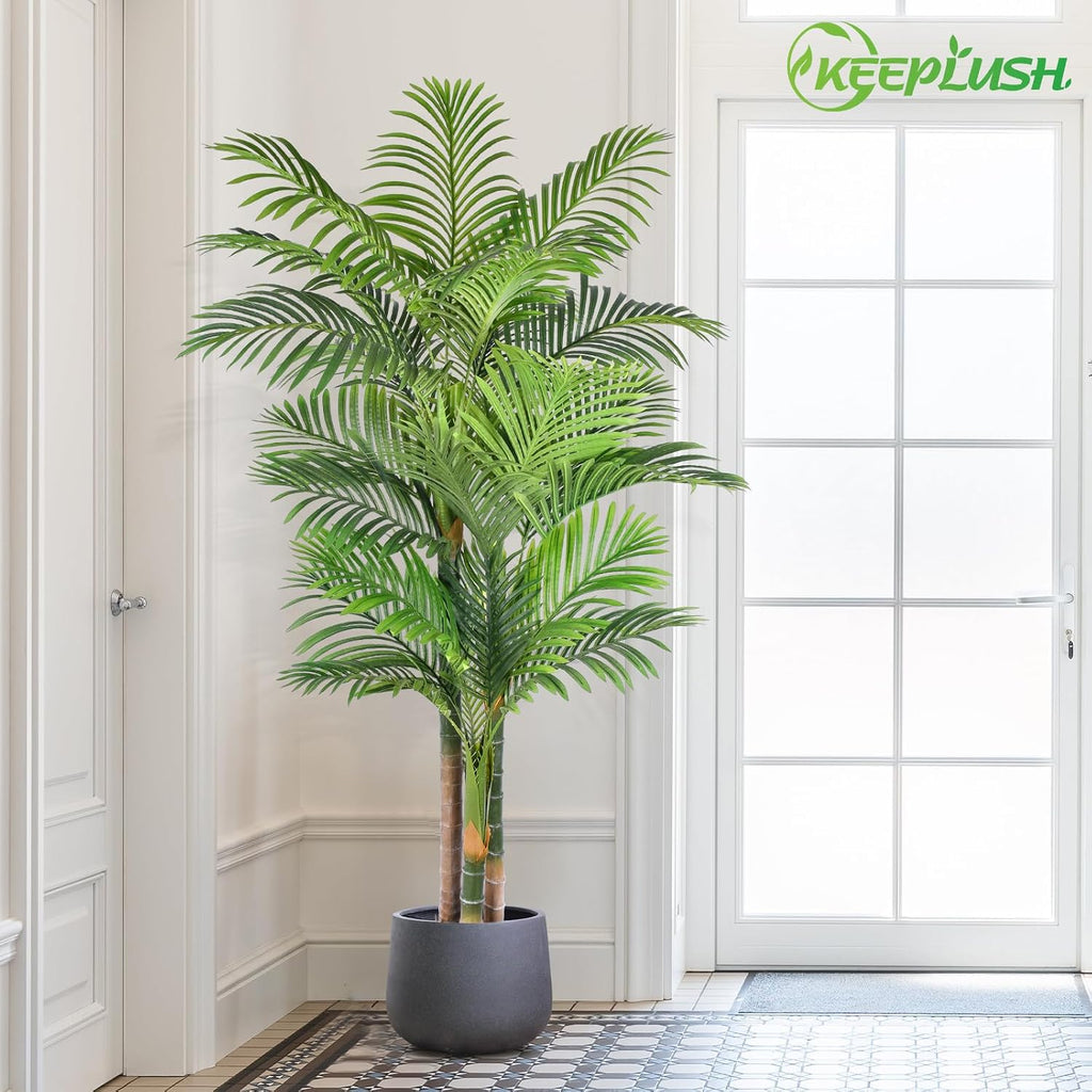6ft Tall Triple Golden Cane Palm Artificial Tree Large Tropical Palm Tree UV Resistant Fake Plant in Pot Outdoor Big