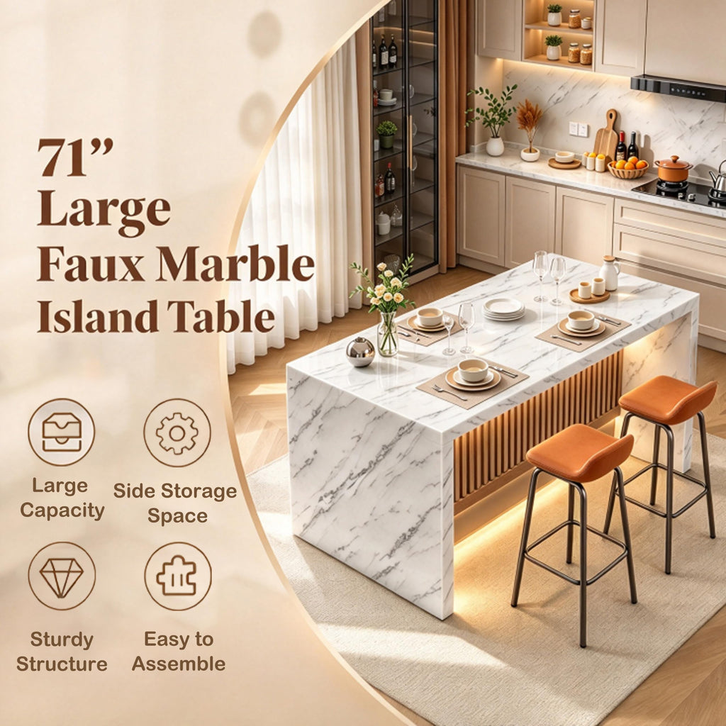 71" Kitchen Island Table with Faux Marble Top, 37.4''H Tall Modern Dining Table with LED Lights for 6 People
