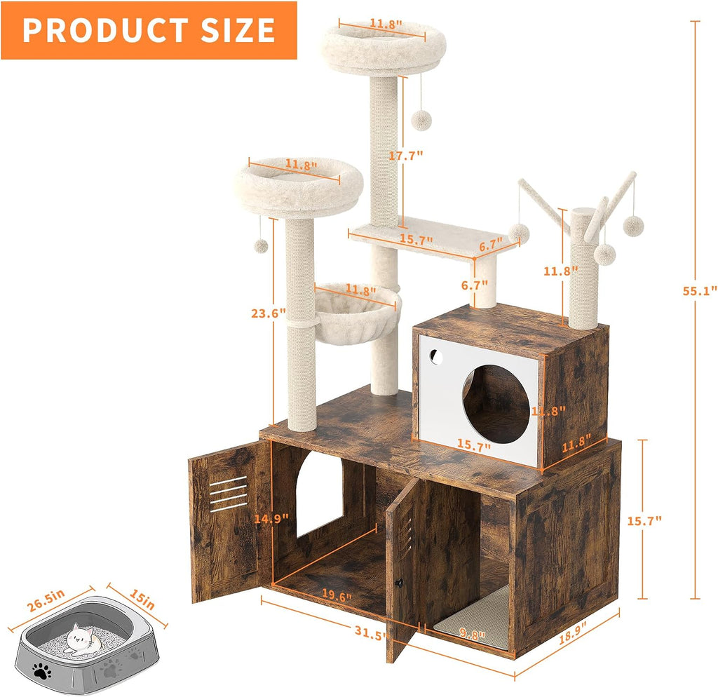 Cat Litter Box Enclosure with Tree Tower and Condo, Hidden Pet Washroom Furniture with Sisal Scratching Post, Hammocks