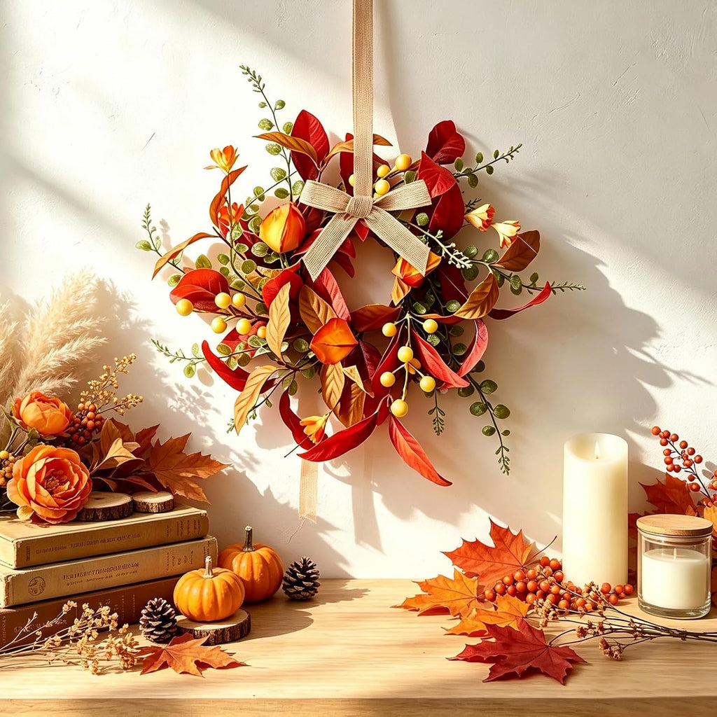 Fall Candle Ring Wreaths Artificial Autumn Candle Holder Wreath - Set of 4