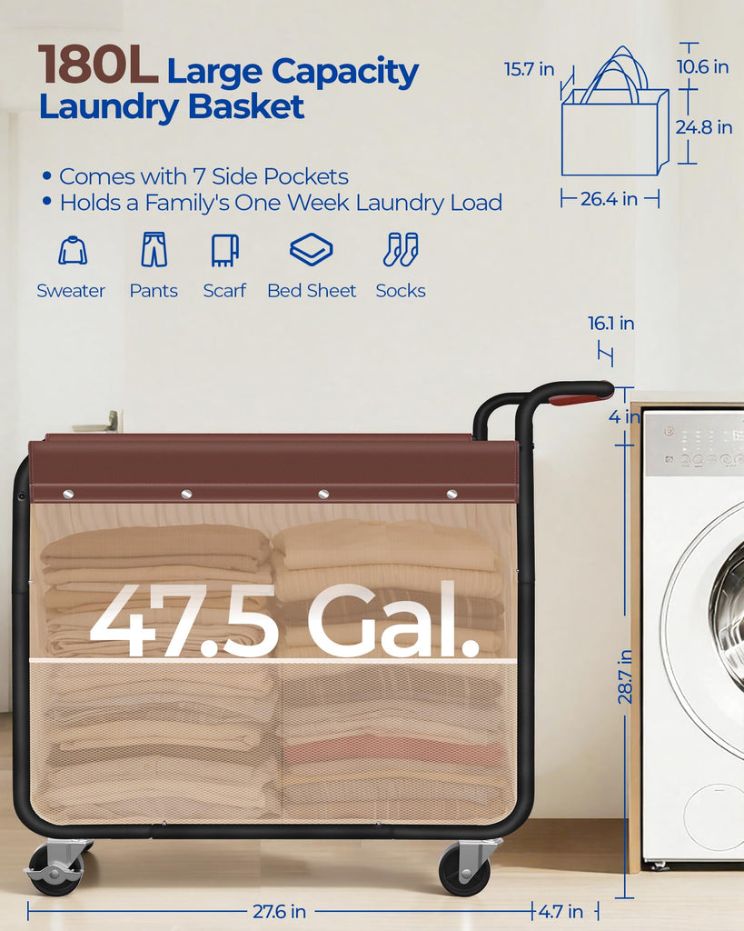 180L Rolling Laundry Hamper, Laundry Basket with Wheels, Beige