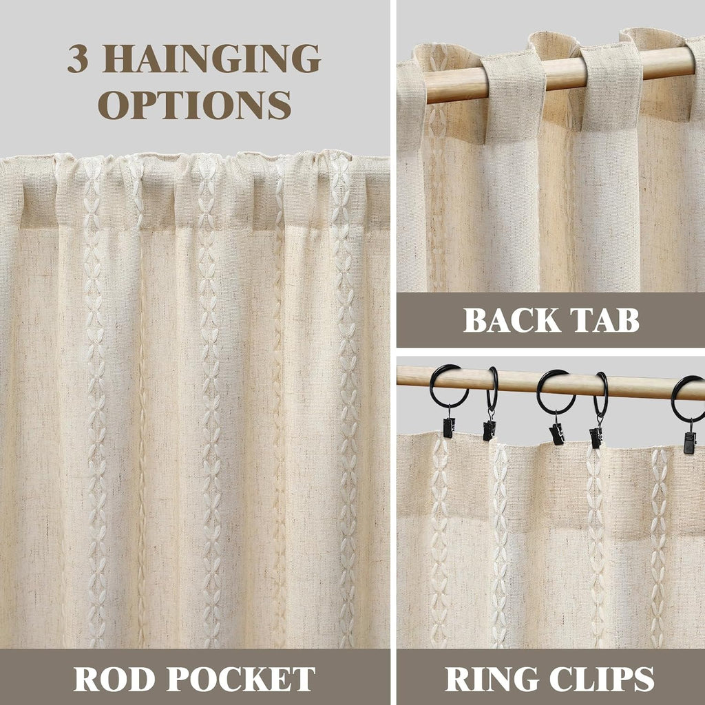 Boho Light Filtering Curtains 63 Inches Long Beige Linen Blend 2 Panels with Tassels and Cotton Embroidery, Farmhouse