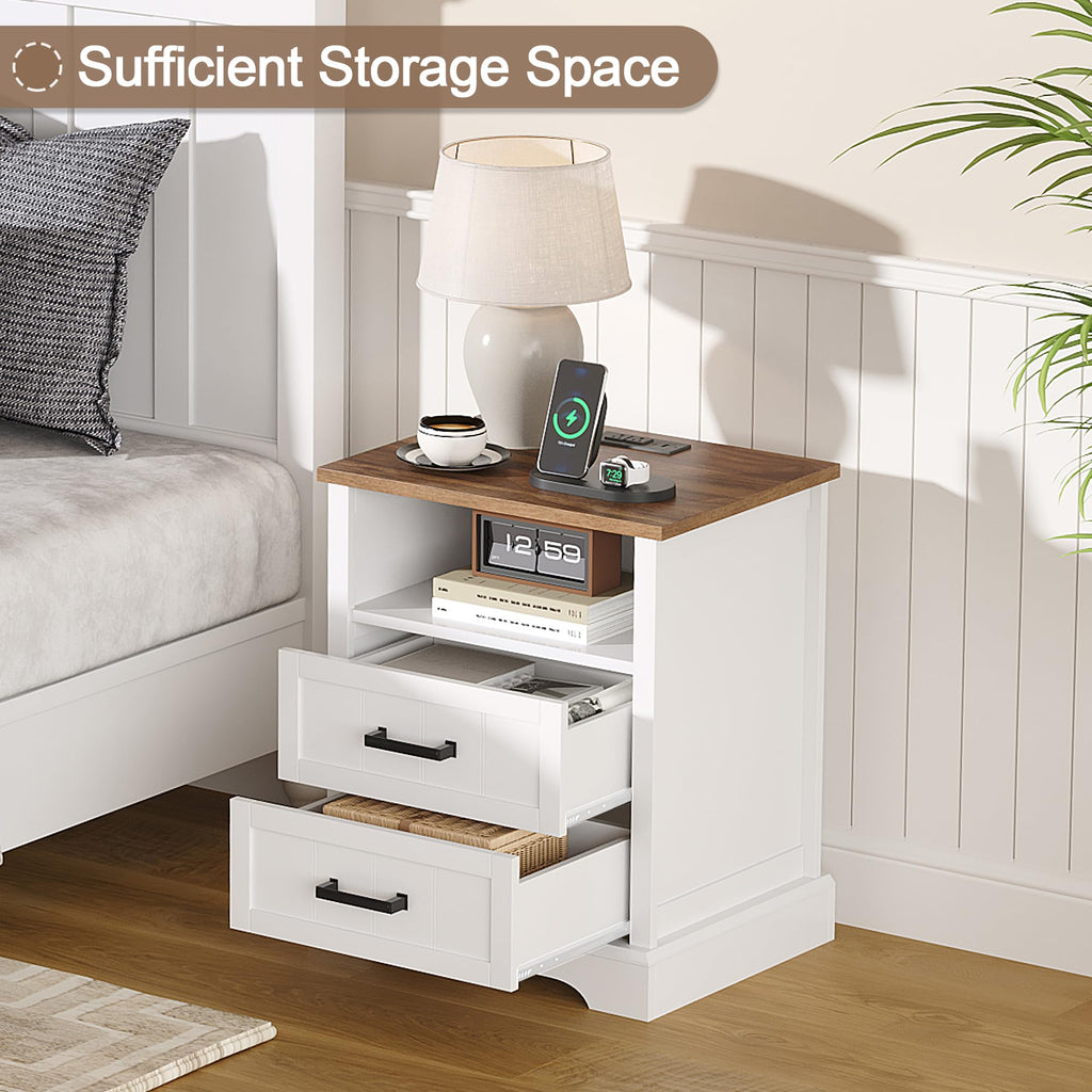 Farmhouse Night Stands with Charging Station 2 Drawers