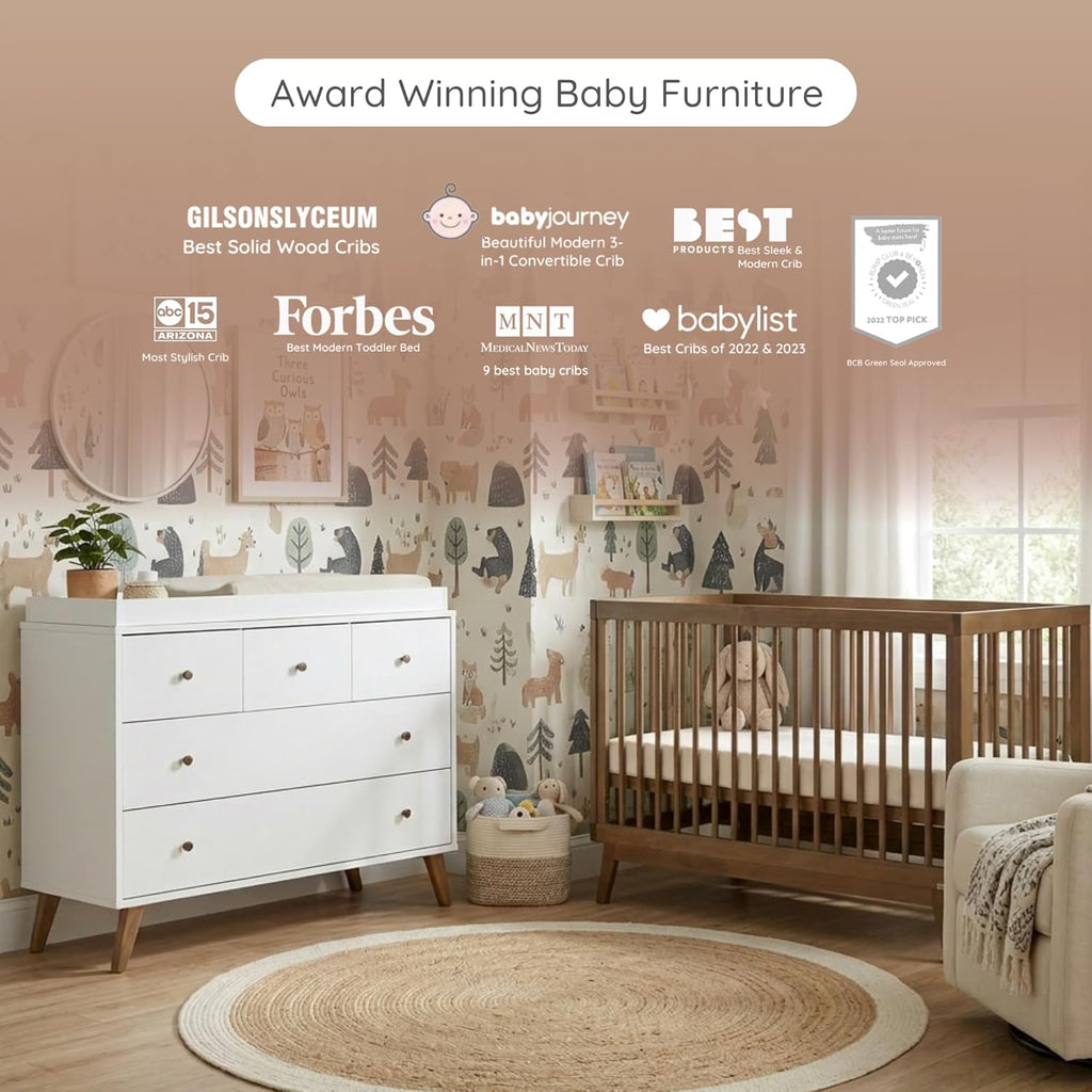Harmony Crib & Dresser Set Nursery Furniture Combo, White/Walnut | Soho 3-in-1 Convertible, Beechwood, Made in Italy