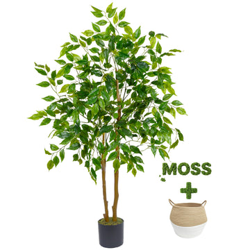 Artificial Ficus Tree 4ft Faux Floor Plant with Woven Basket