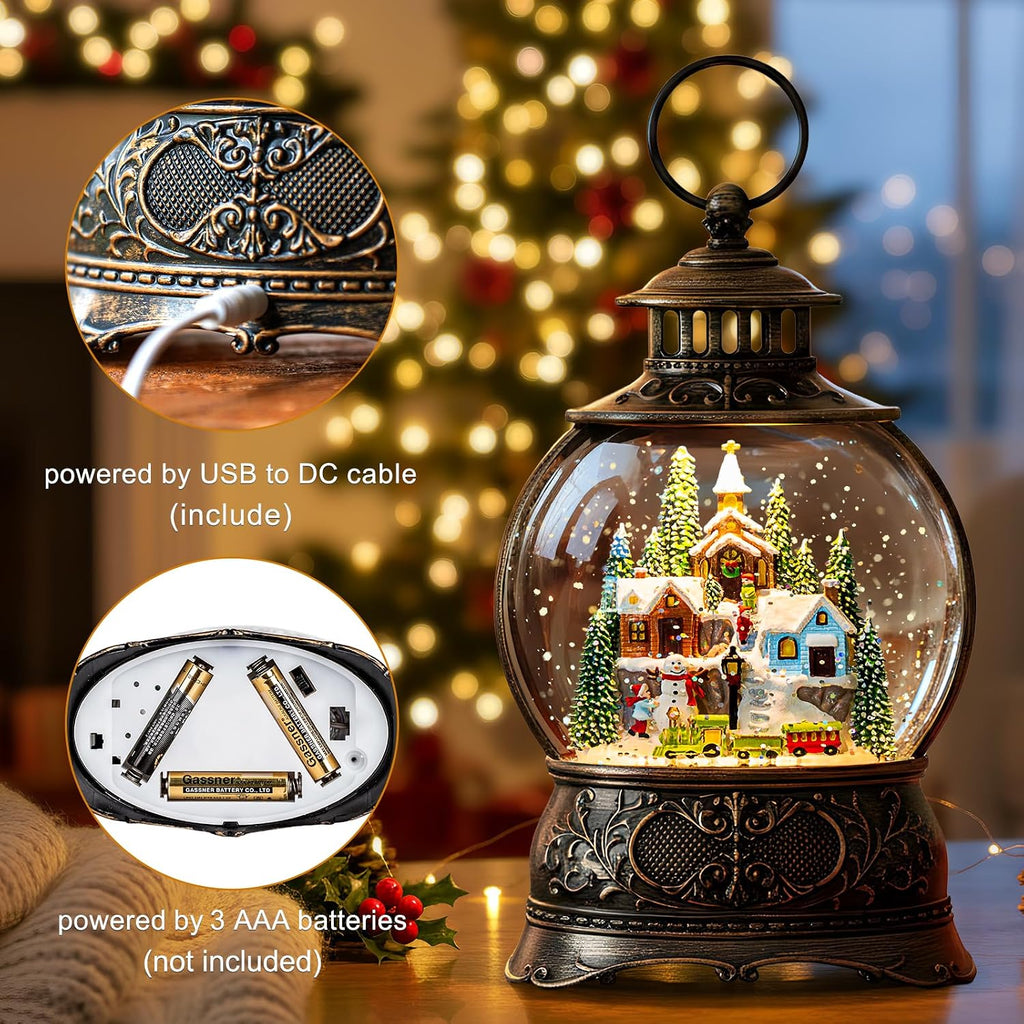 Christmas Snow Globes Christmas Water Lantern with Snowy Train Snowman, Music & 6H Timer, USB Lined/Battery Operated