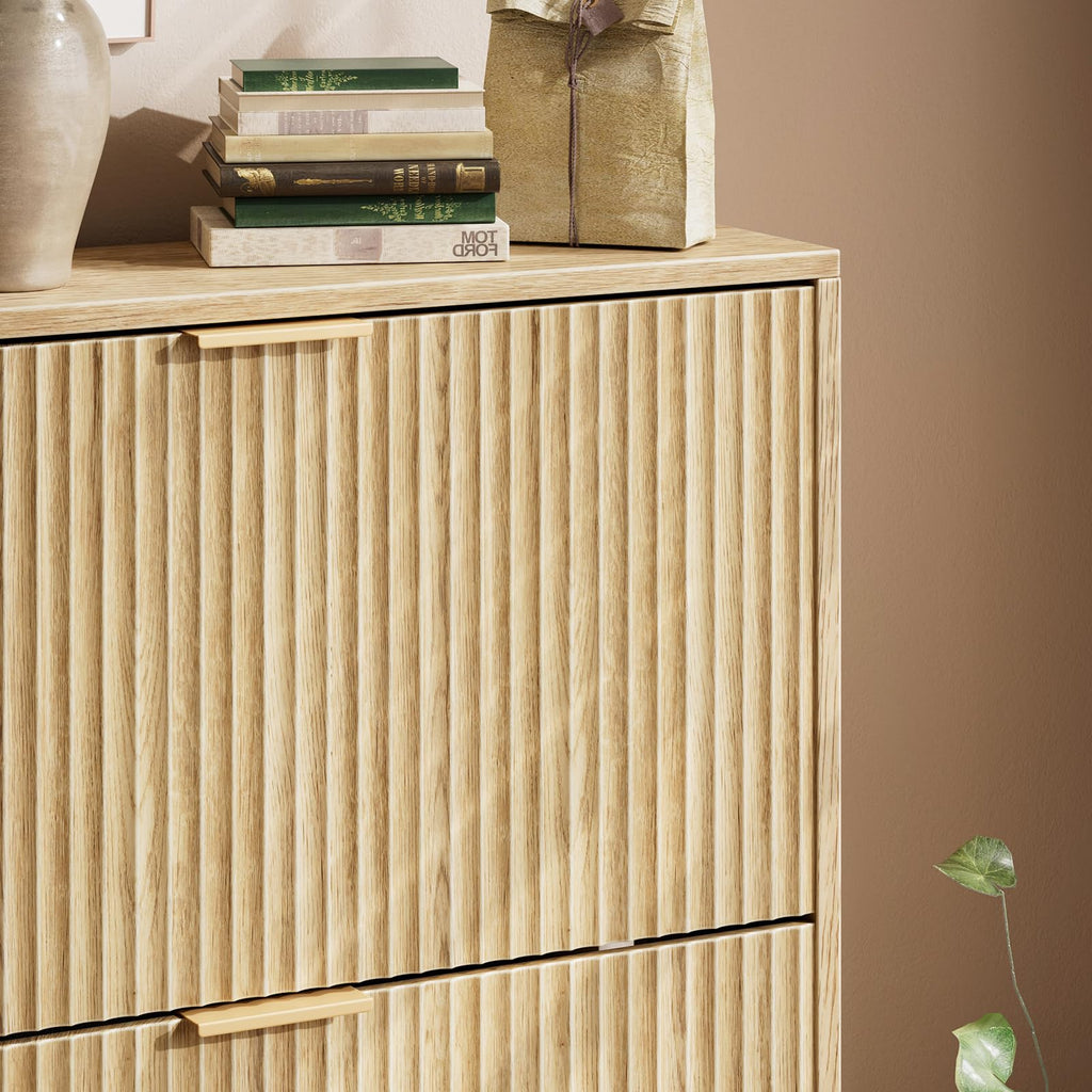 31.5''W Oak Shoe Cabinet Storage, Fluted Slim Shoe Dresser with 3 Flip Drawers, Narrow Shoe Rack Cabinet, Hidden