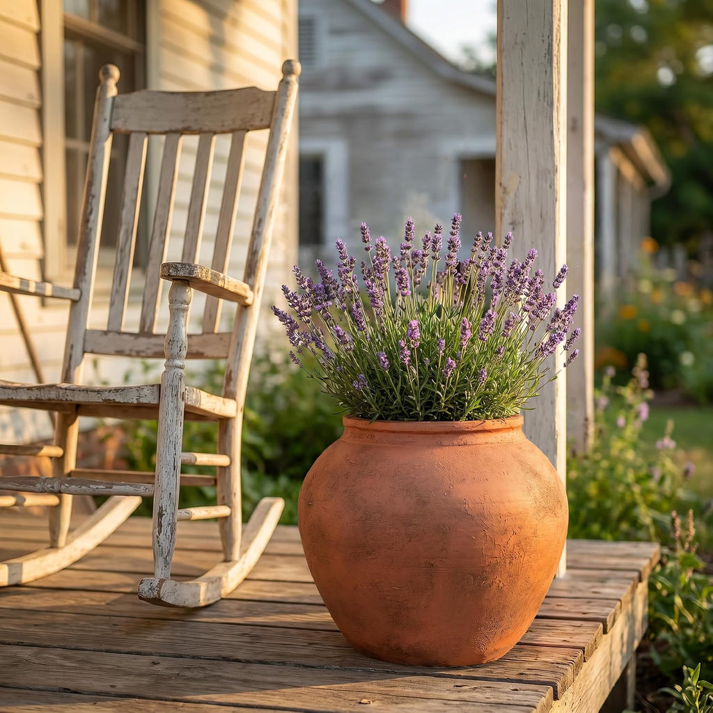 12" H x 14" Dia Fiberstone Distressed Terracotta Planter Pot with Drainage Hole, Vintage Indoor Outdoor Flower Pot