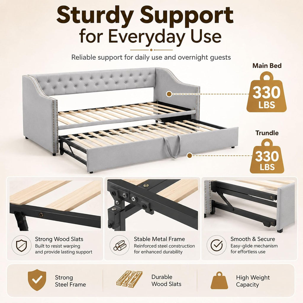 Twin Daybed with Pop Up Trundle, Twin to King Convertible Daybed Frame, Upholstered Daybed with Trundle, Pull Out