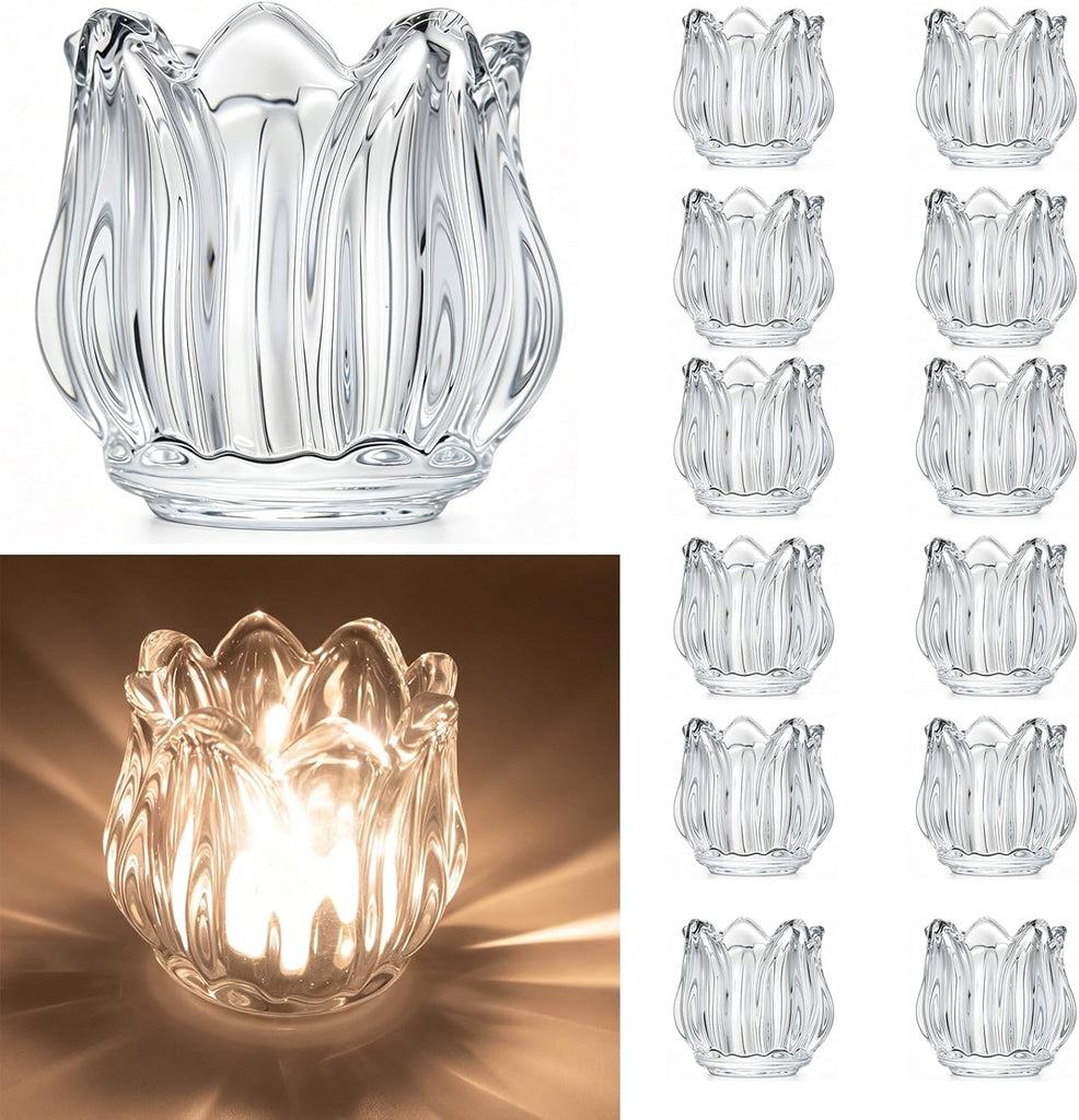 Votive Glass Tealight Candle Holders, Candles Not Included (Transparent Tulip-12 Pcs)
