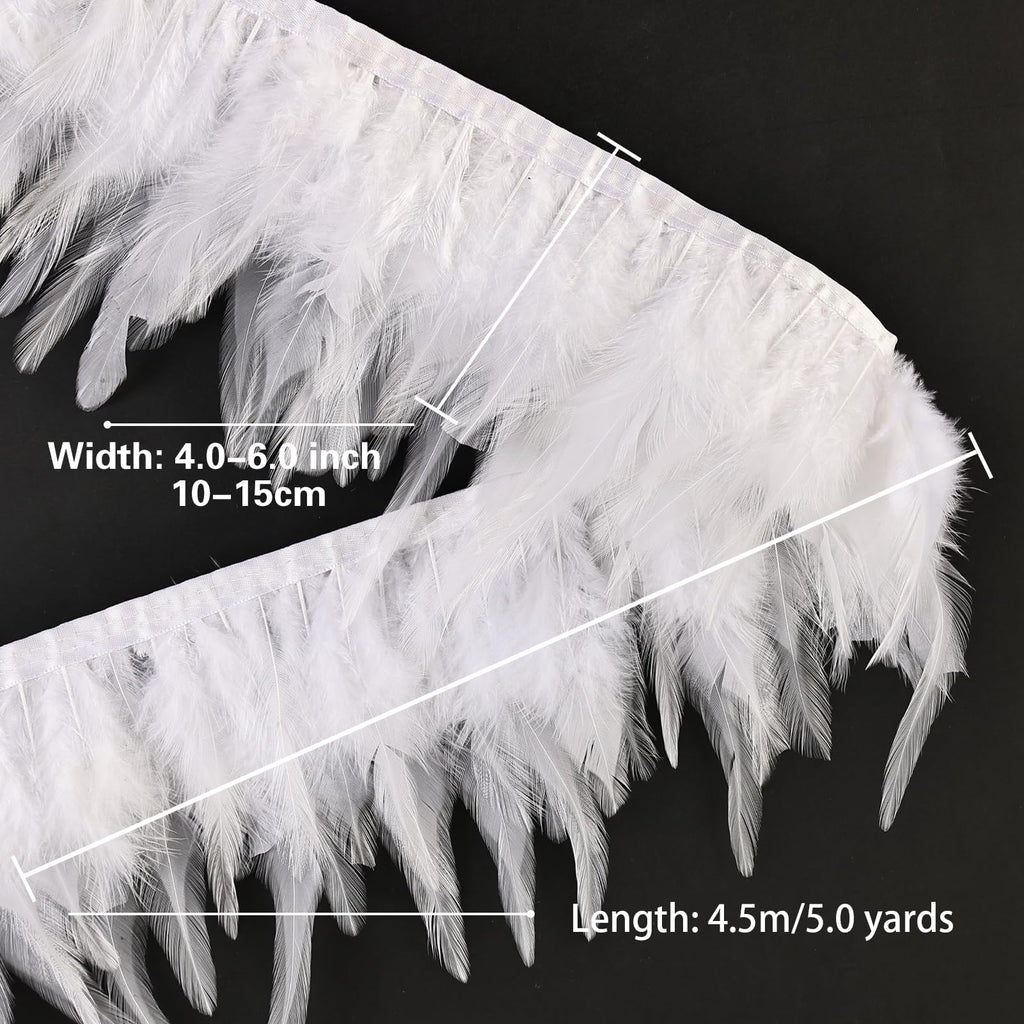 White Rooster Feather Fringe Trim 14.7ft 3-5inch Fluffy Feather Trim Fashion Dress Sewing Crafts,Gloves,Feather Shawl