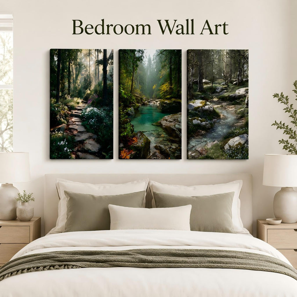 Woodland Scenery Framed Set of 3 Canvas Prints, Peaceful Forest Trail Crystal Stream And Mossy Rocks Nature Artwork