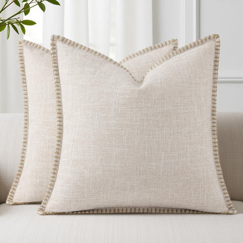 Summer Decorative Throw Pillow Covers 18x18 Set of 2 Square Faux Linen Outdoor Neutral Farmhouse Pillow Covers with