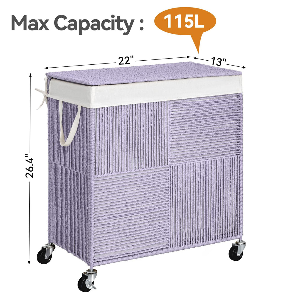 Double Laundry Hamper with Wheels, Handwoven Rolling Laundry Basket