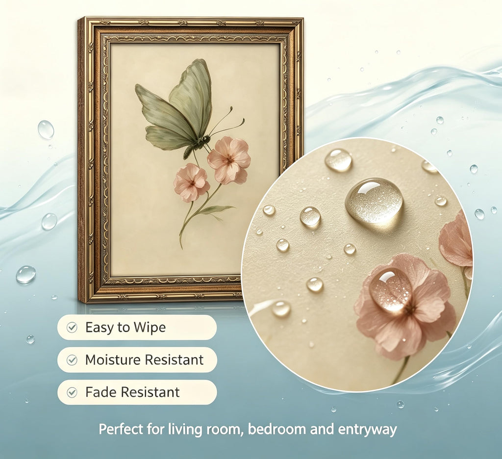 Vintage Gold Framed Wall Art, Retro Butterfly and Pink Flower Oil Painting Canvas Prints, Beige Insect Picture